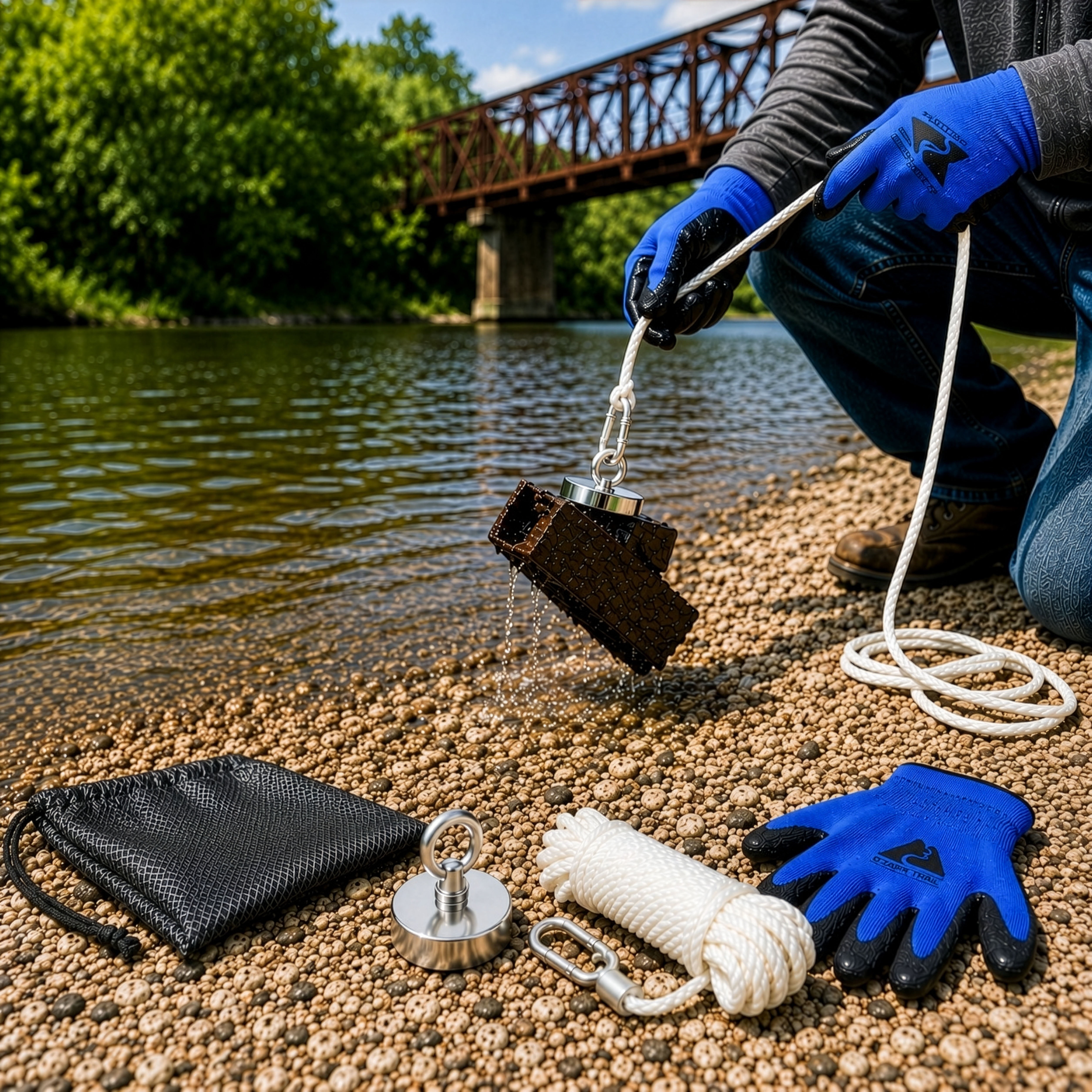 Ozark Trail Magnet Fishing Kit with 300 lb Magnet, 50 ft Rope, Gloves & Carry Bag