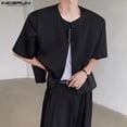 thumbnail image 4 of INCERUN Tops 2024 estilo coreano moda para hombre hebilla traje abrigos casual simple masculino sólido recortado cuello redondo manga corta Blazer S-5XL, 4 of 5