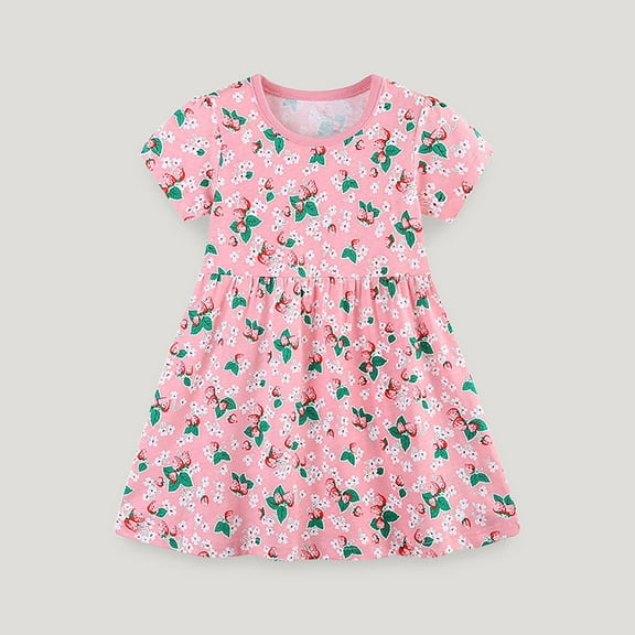 Babcutegg Summer Kids Short Shirt Dresses for Little Girls Skirts New Printed Round Neck Cotton Knitted Dress Pink Size 7Y