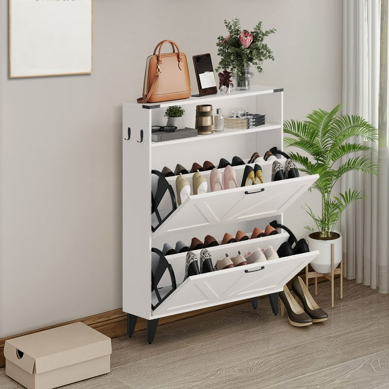 Shoe Cabinet, Shoe Storage Cabinet with Flip Drawers and Open