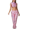thumbnail image 2 of Karymi Vacation Outfits for Women 2 Piece Shiny Stage Set, Mock Neck Sleeveless Crop Tank Top & Elastic Waist Cargo Pocket Wide Leg Long Pants Womens Tops, 2 of 6