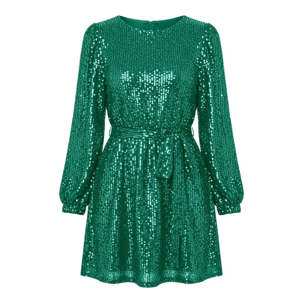 green sequin mini dress long sleeve Prime Picks Apparel for Women Sequin A Line Dress with Belt (Green XL), Men's wedding sash