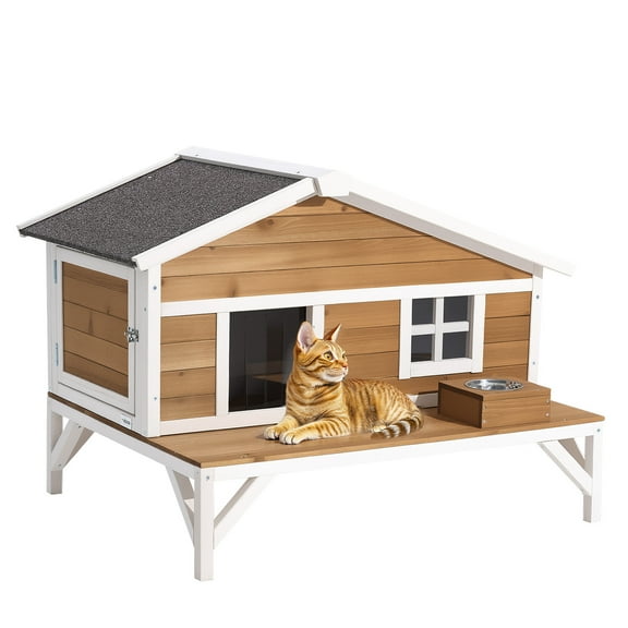 VEVOR Insulated Cat House,All-Around Foam Insulation Elevated Cat Shelter, Wooden Feral Kitty Shelter with Large Platform,Waterproof Cats Condos for Indoor & Outdoor Cats in Winter 43.5x33.5x31 in