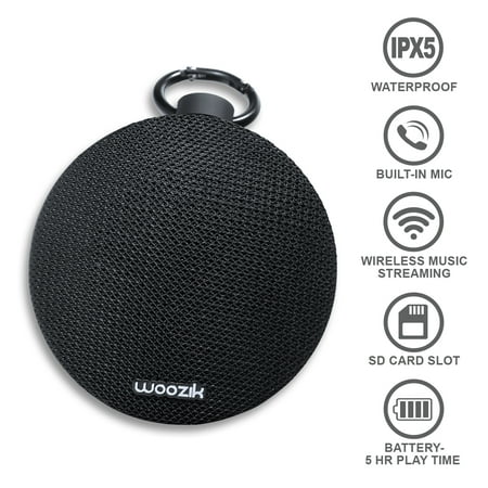 - Woozik Go Portable Wireless Bluetooth 4.2 Waterproof Speaker with SD Card Slot, and Built-in Mic and Clip