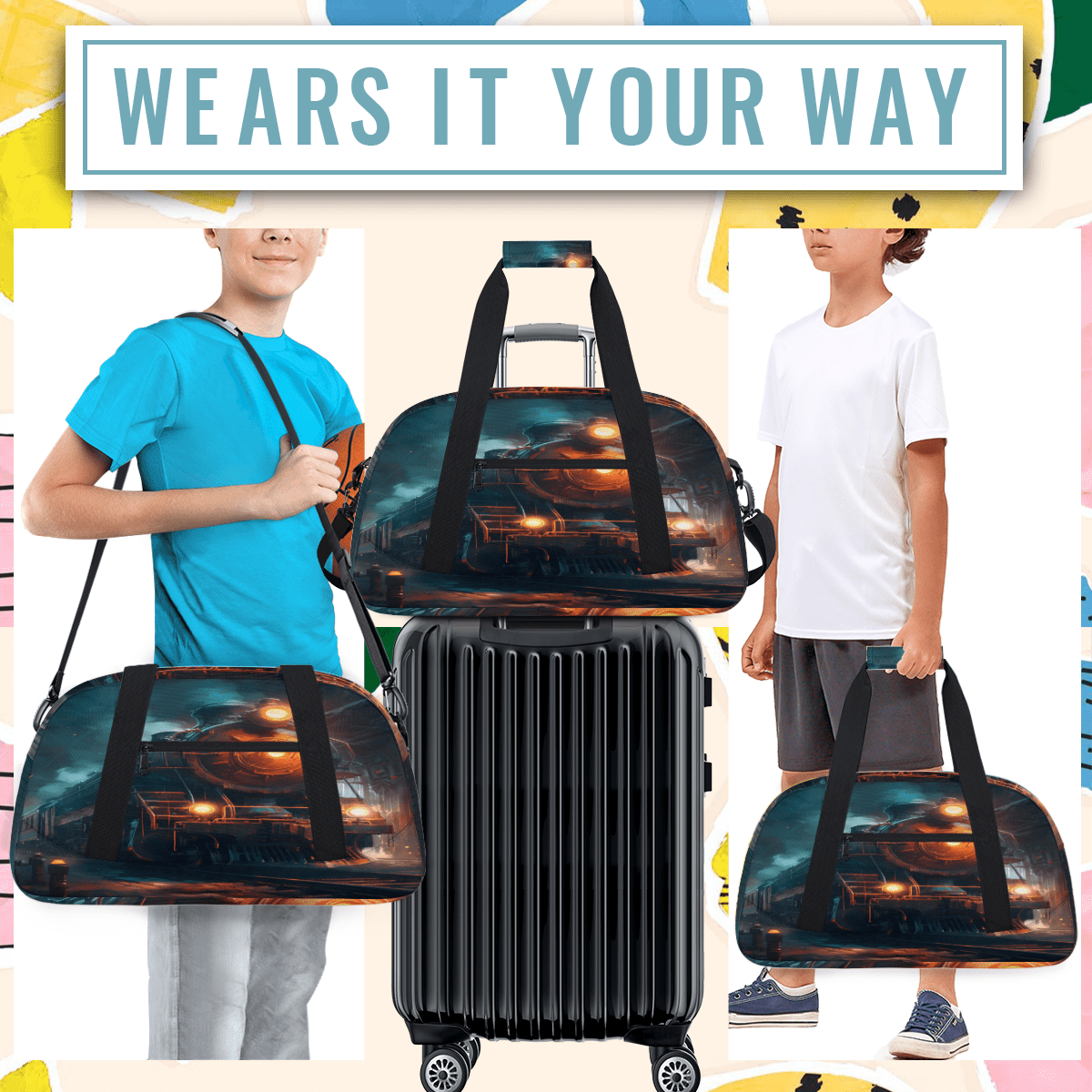 Herdesigns Steam Train Sports Duffle Bag for Women & Men, Vintage Train Gym Bag Dance Bag Overnight Bag Carry On Weekender Travel Bag