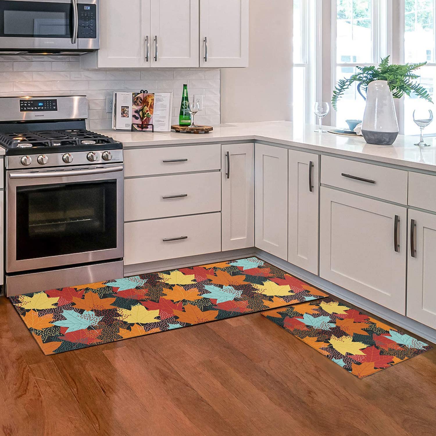 Fall Kitchen Rugs Set Of 2, Non-Slip, Pumpkin & Leaf Pattern, 17"x47" + 17"x30" L-Shape