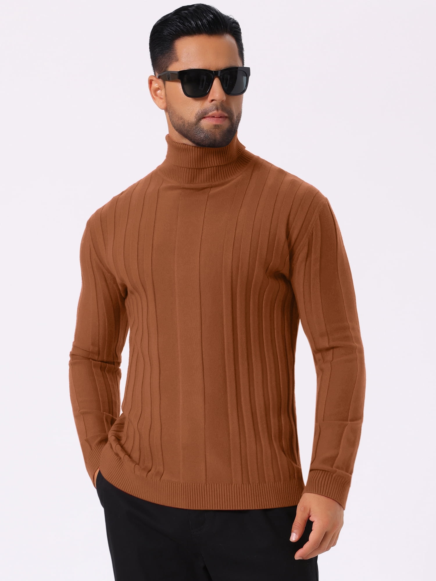 DARING DIVA Men's Solid Turtle Neck Warm Knitted Pullover Sweater S Brown