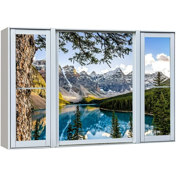 wall26 Canvas Print Wall Art Window View Snow Capped Mountain Range Forest Lake Wilderness Nature Photography Realism Scenic Landscape Colorful Multicolor for Living Room, Bedroom, Office - 32"x