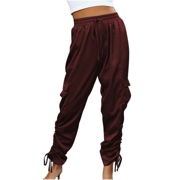 Plebaso Womens Jogger Pants Solid Color Elastic Waist Side Drawstring Cinch Bottom Sweatpants Ladies Casual Loose Trousers