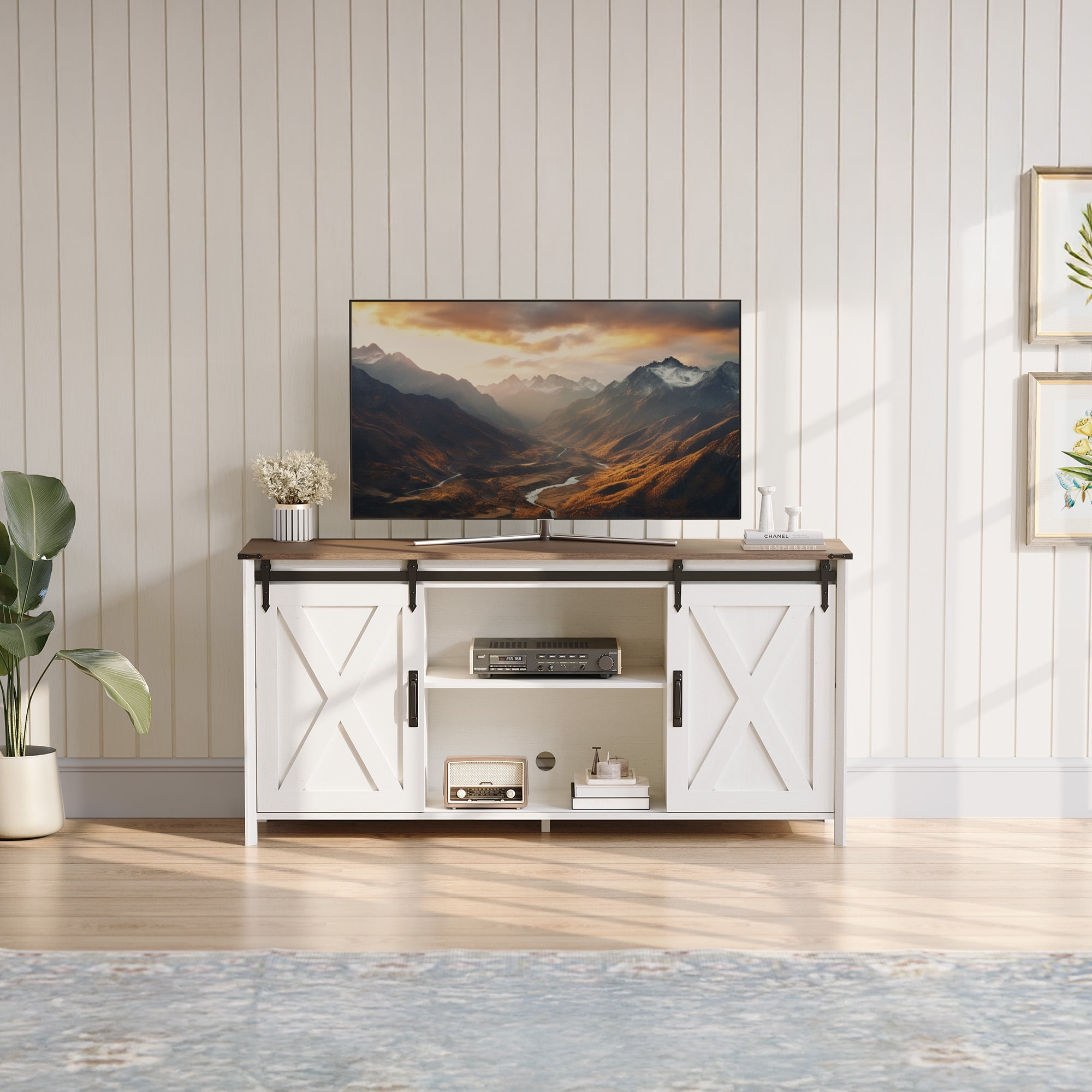 Innovar Modern Farmhouse TV Stand with Power Outlet for TV up to 65", Rustic Entertainment Center W/ Sliding Barn Door & Cabinet, Media TV Console Table with Adjustable Shelve for Living Room, Oak