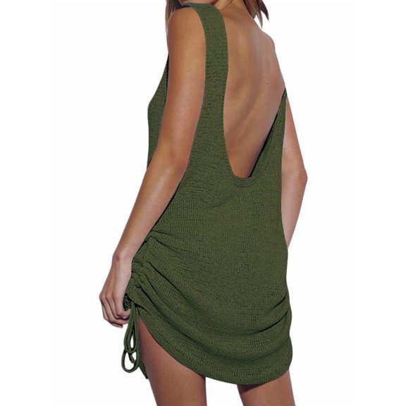 Women Backless Bikini Bathing Suit Cover Up Summer Knitted Beach Tank Dress Green One Size