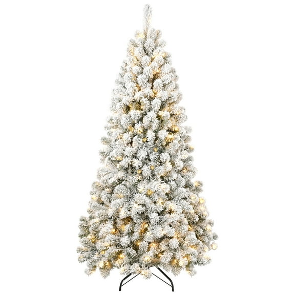 5ft Pre-lit Flocked Christmas Tree, Lighted Artificial Pine Tree w/850 Tips, 250pcs Warm Lights, 3-step Assembly, White