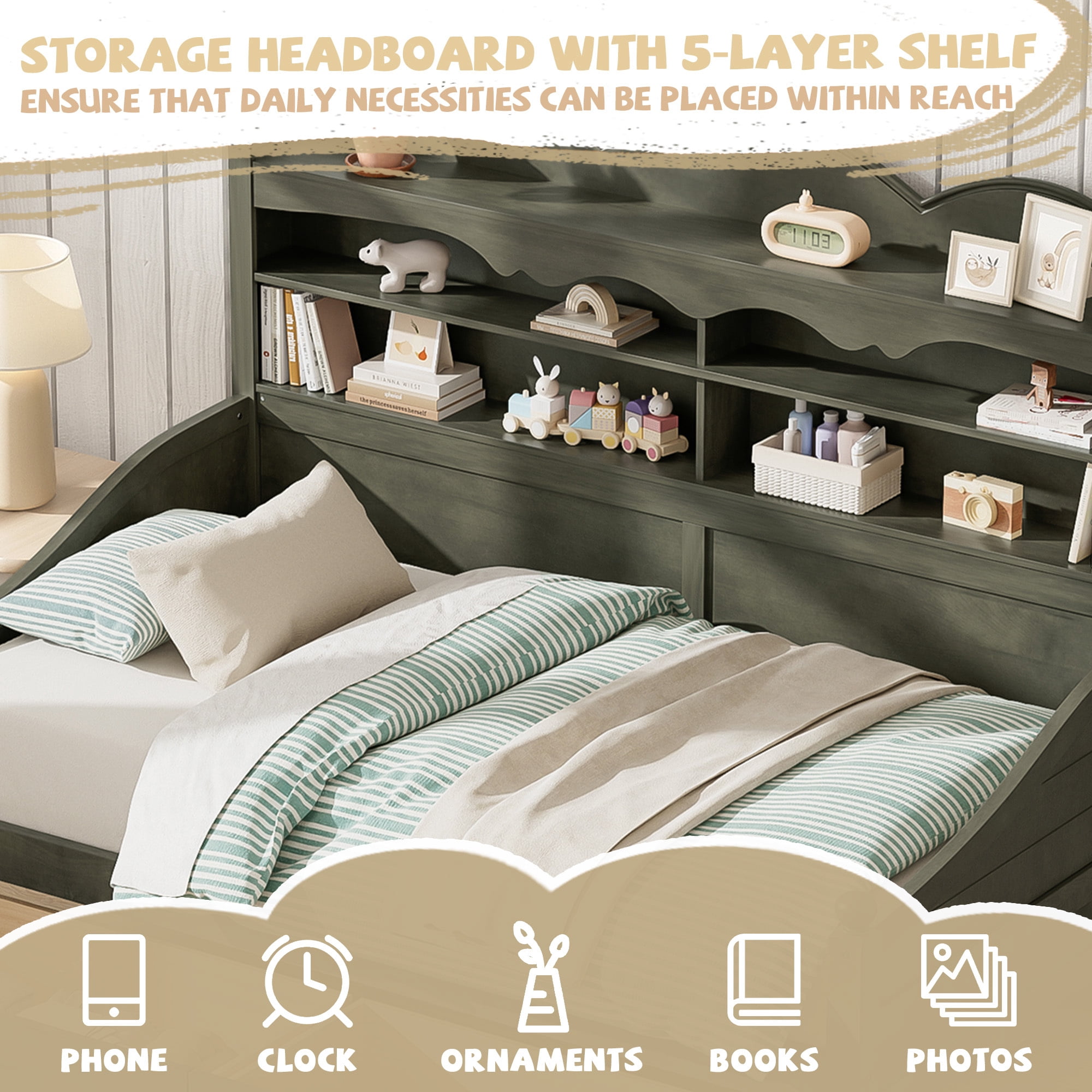 Euroco Wood Twin Size Daybed with Drawers, Captain Bed with Shelves, Antique Grey