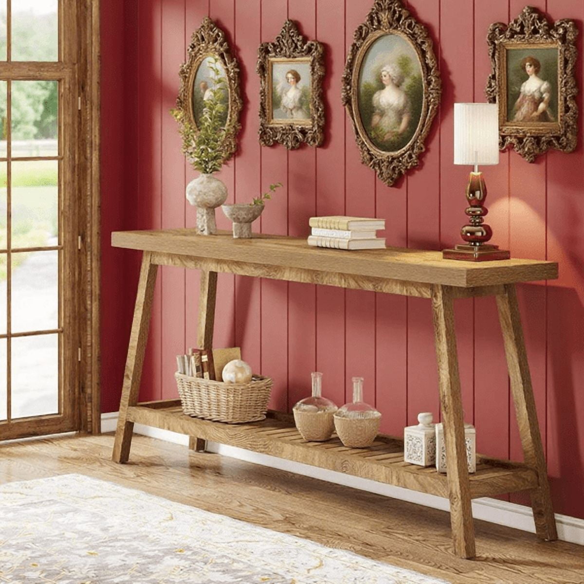 70.9" Farmhouse 2-Tier Console Table - Vintage Wood Grain, 1.97" Thick Engineered Wood, Sturdy Trapezoid Base, Versatile for Entryway, Hallway, Behind Couch