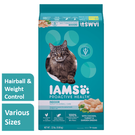 Iams Proactive Health Adult Indoor Weight & Hairball Care with Chicken, Turkey, and Garden Greens Dry Cat Food, 22 (Best Cat Food For Hairball Control)