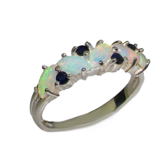 LBG British Made 925 Sterling Silver Natural Opal & Sapphire Womens Eternity Ring - Size 10 - 33 size options