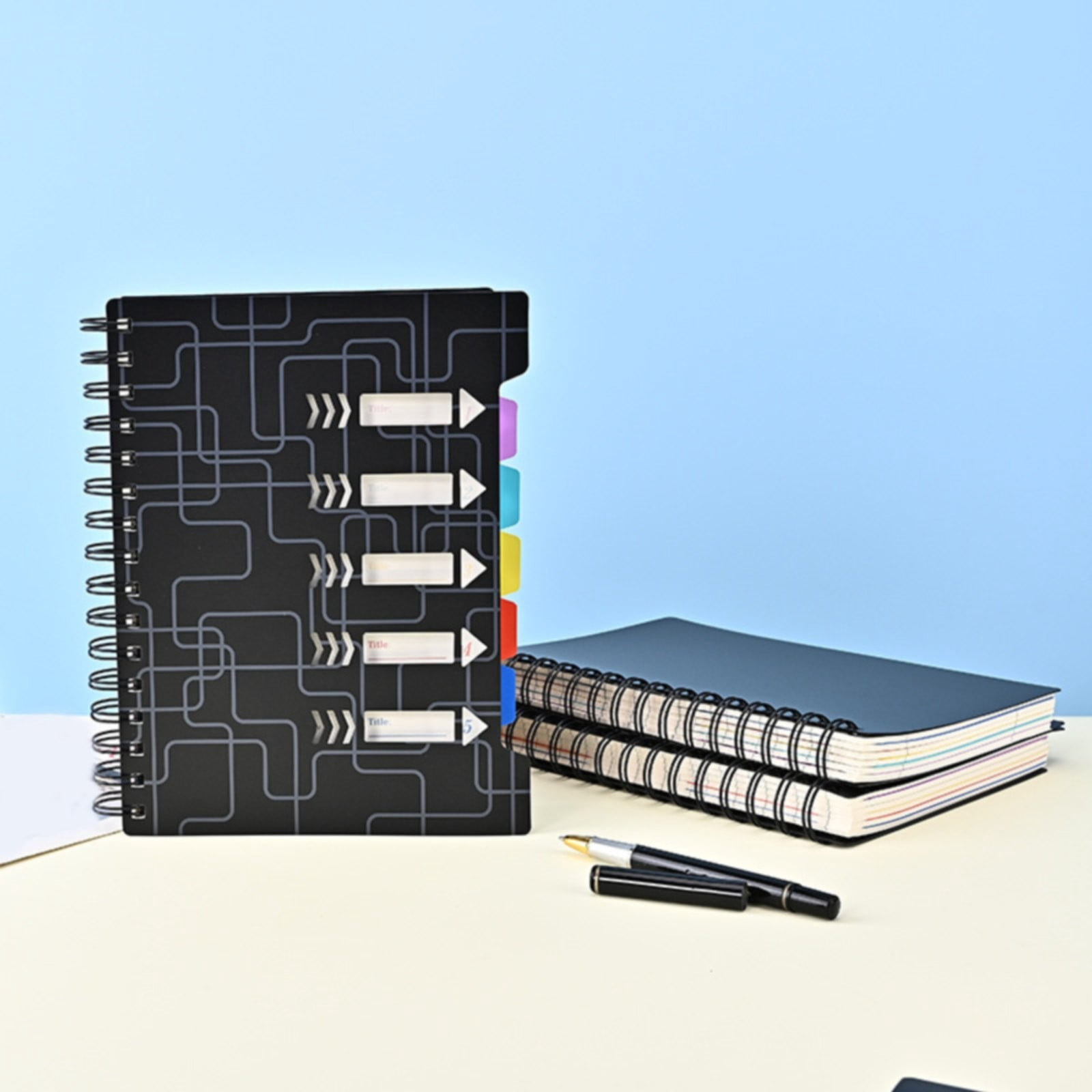 VKLU Wirebound Tabbed Notebook A5, 5 Section College Ruled Journal with Dividers, Modern Mechanical Hardcover Planner for Business & Engineering, 300 Pages, Grid Black