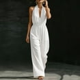 thumbnail image 4 of Kilaqueen Halter Jumpsuits for Women Deep V Neck Sleeveless Elegant Dressy Jumpsuits Casual Cinched Waisted Wide Leg Jumpsuit Boho One Piece Romper with Pockets, 4 of 7
