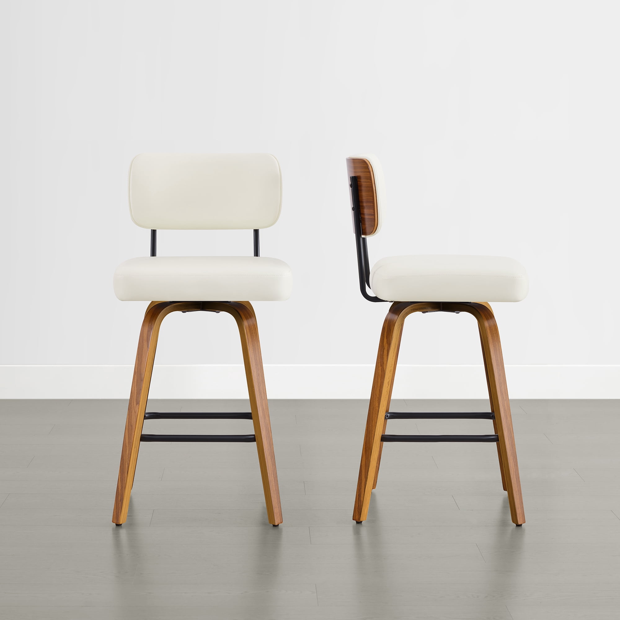 Spruce & Spring 26" Swivel Counter Bar Stool with Walnut Bentwood Frame Set of 2, Upholstered Back, Ivory