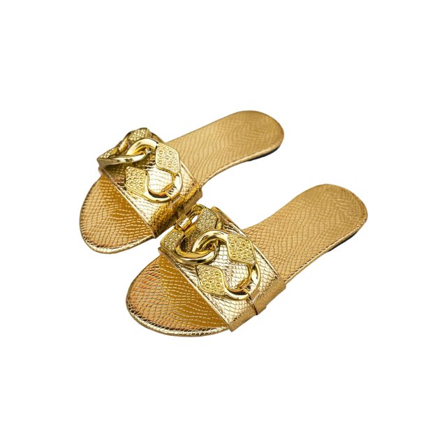 Sandalias OYOANGLE con cadena dorada con estampado de cocodrilo para mujer, color dorado brillante