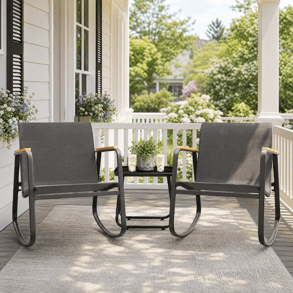 Asofer 3 Pieces Rocking Sets,Bistro Patio Furniture with 2 Outdoor Rocking Chairs and 1 Glass Coffee Table for Porch Deck Lawn,Poolside, Porch, Lawn