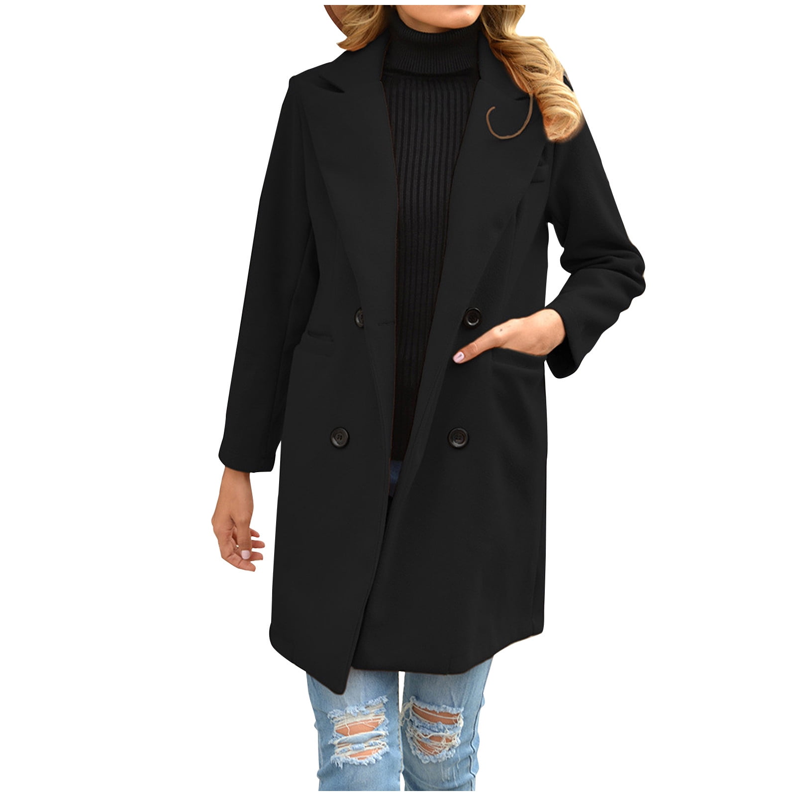 Womens Coats And Jackets Clearance Trendy Women s Solid Color Lapel Woolen Cloth Leisure Time Long Coat Black L JCO Walmart