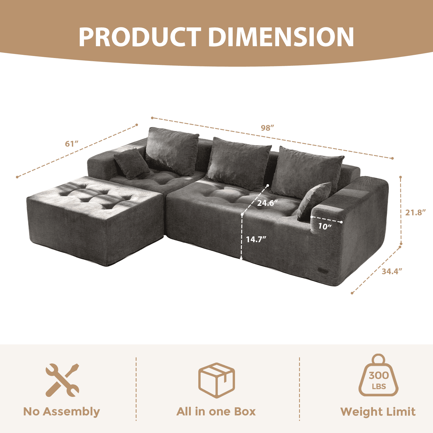 BYBYME Cloud Sectional Couch with L-Shape Chaise Modern Comfy Modular Chenille Sofa for Living Room,Tufted 4-Seat Sleeper Chair with 1 Ottoman,Sofa in A Box,No Assembly Required,Grey