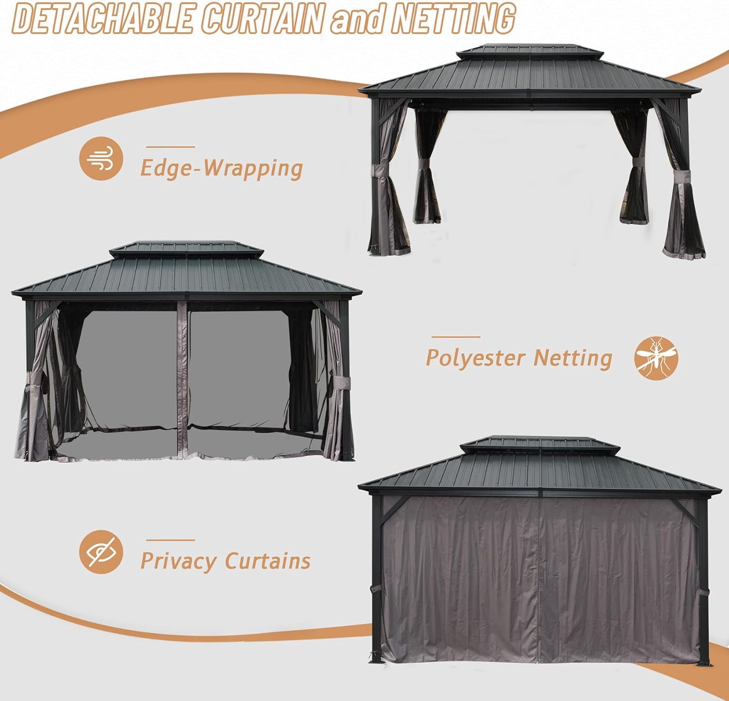 Domi Outdoor Living 10'x12'Hardtop Gazebo,Aluminum Frame Canopy with Galvanized Steel Double Roof,Permanent Outdoor Metal Pavilion with Curtains & Netting for Patio,Backyard & Lawn,Gray