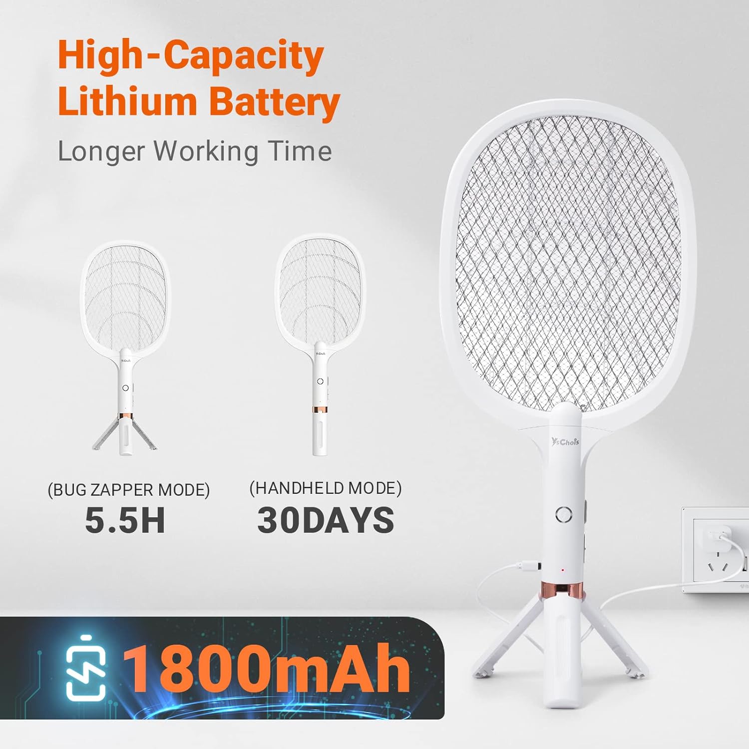 Electric Fly Swatter Racket, Rechargeable Fly Zapper - 4000 Volt, Exclusive 2-in-1 Bug Zapper Racket - USB Charging, 1800mAh Li-Battery, Indoor & Outdoor Use, White