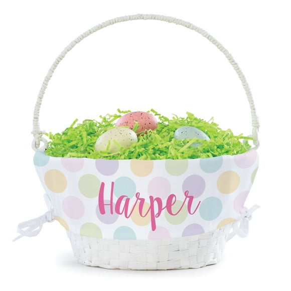 Personalized Planet Girls Polka Dot Liner with Custom Name Printed in Pink Letters on White Woven Spring Easter Basket with Collapsible Handle for Egg Hunt or Book Toy Storage