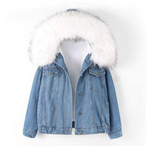 AOOCHASLIY 2023 Women Winter Coat Women Warm and Versatile Spliced Lamb Hair Thickened Plush Denim Jacket with A Hat Thickened Plush Collar