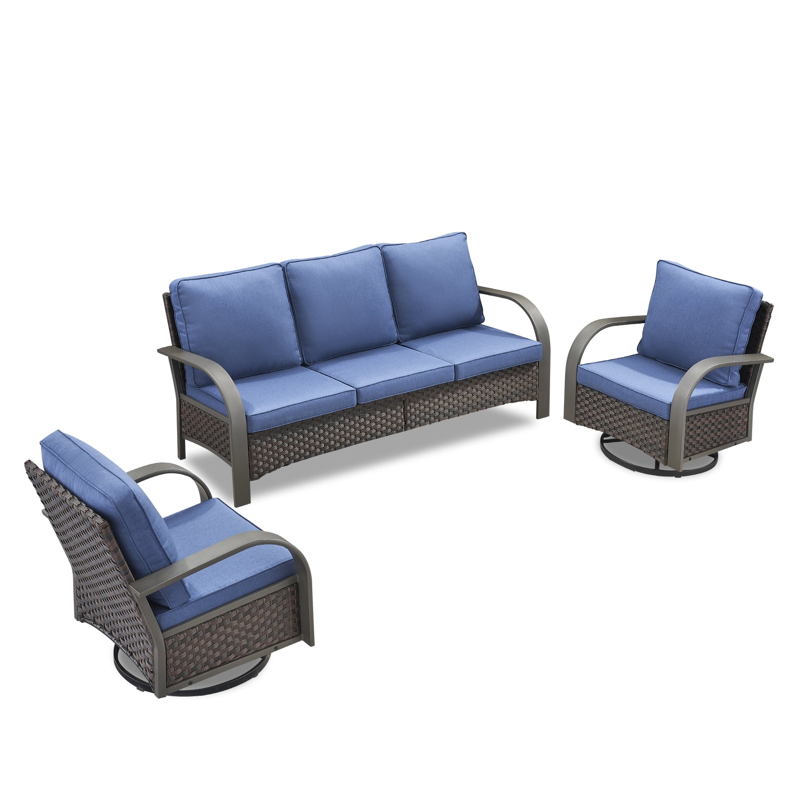 OPOHORO 3-Piece Outdoor Conversation Sets with Wicker Sofa and Swivel Rocking Chair