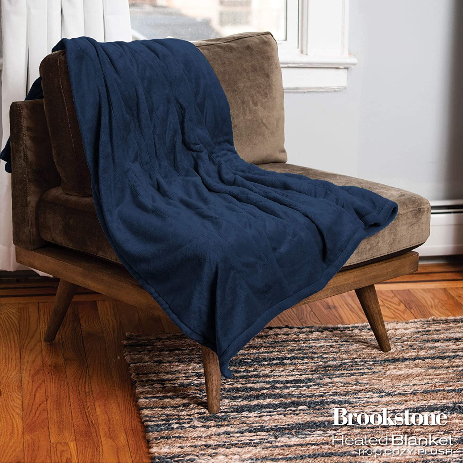 Brookstone N-A-P Cozy Plush Heated Blanket - 2 Remote Controllers,  Dual-Zone Warming - 10 Heat Settings, Auto-Off for Safety, Machine Washable  - Queen 84x90 - Navy - Walmart.com