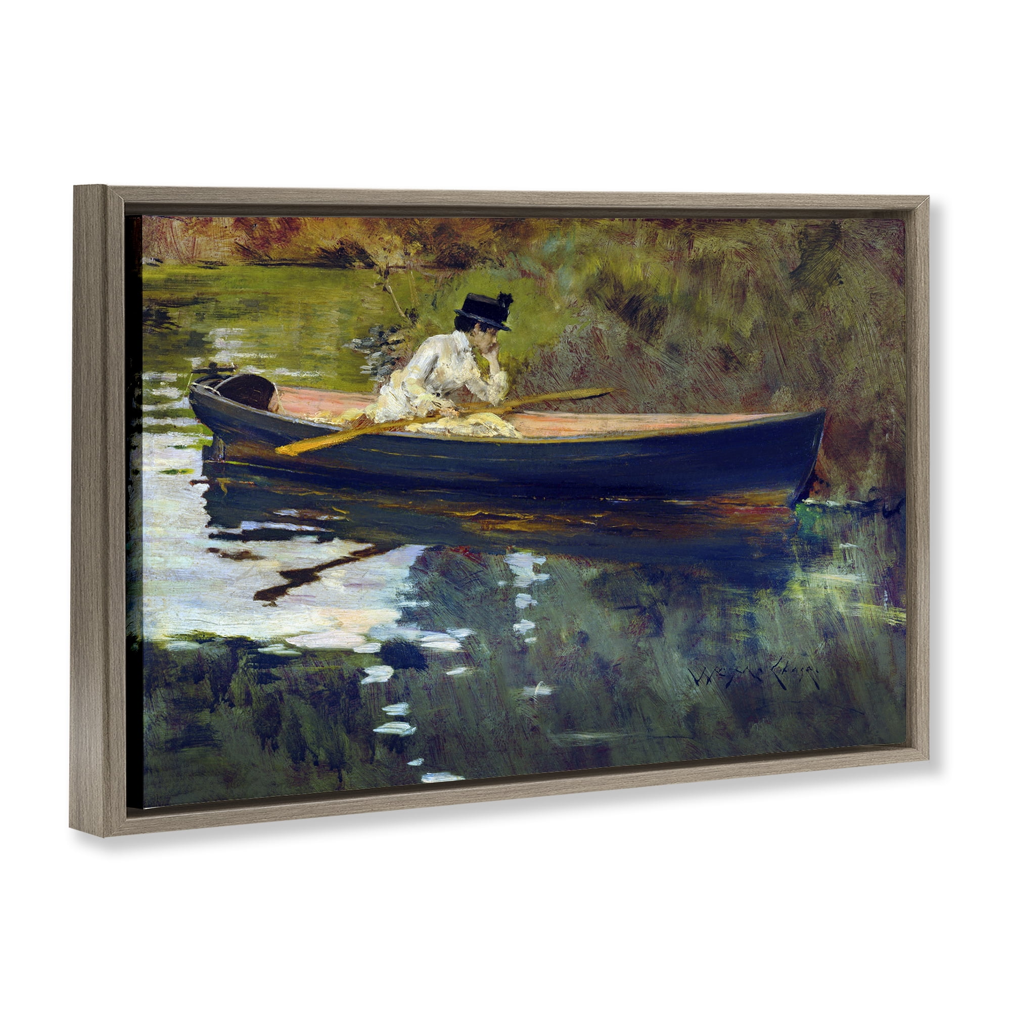 Stupell Industries Thoughtful Woman on Canoe Novelty Painting Brown Floater Framed Art Print Wall Art, 25 x 17