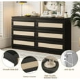 thumbnail image 3 of Jojoka 6-Drawers Rattan Dresser for Bedroom Chest of Drawers, TV Stand for 55" TV, Wood Top Storage Organizer Cabinet for Living Room, Entryway, Hallway, Black, 3 of 8