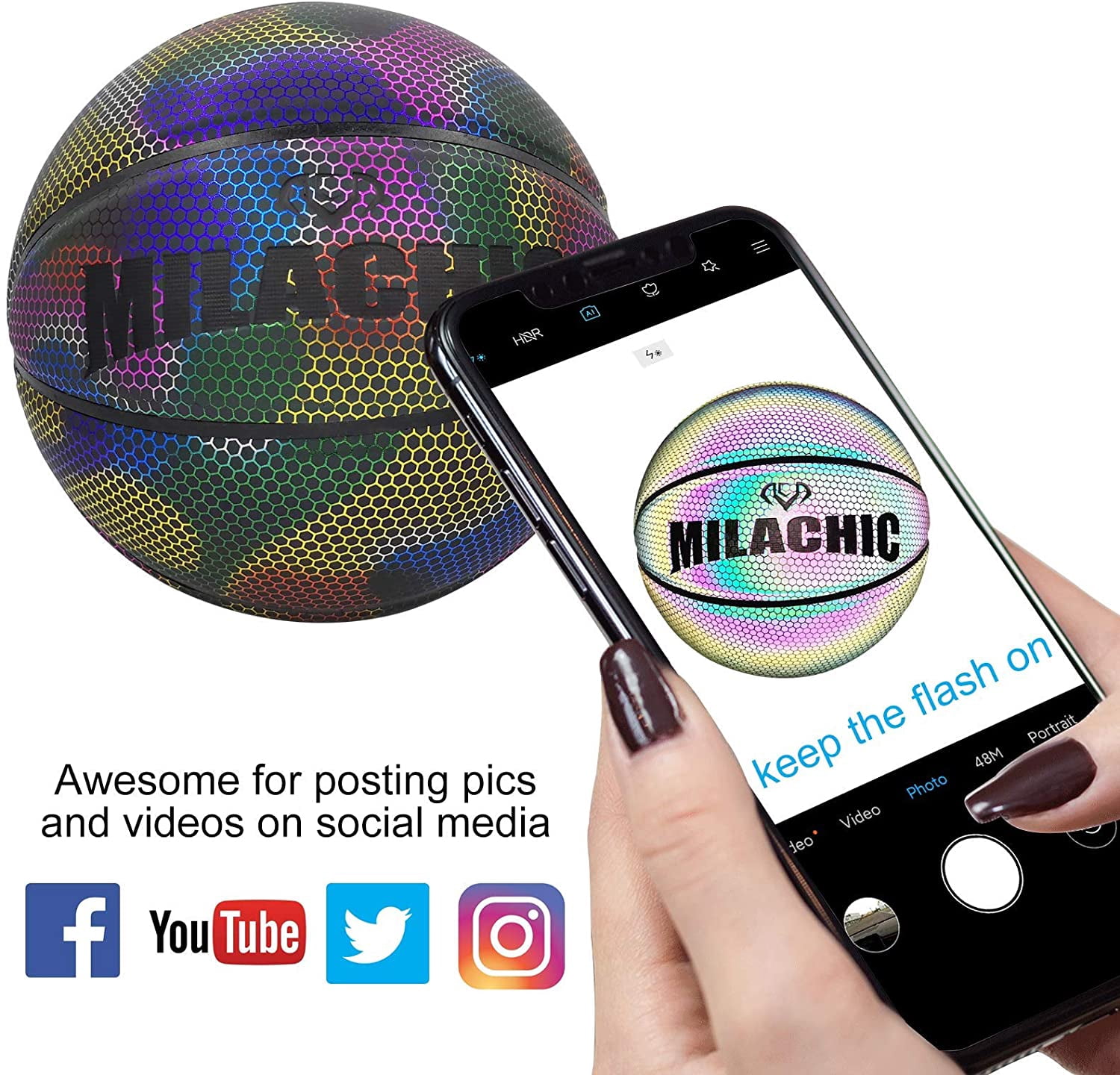 KPASON Customized Basketball, Custom Name or Photos on Basketball, Personalized Holographic Basketball Indoor Outdoor Official Size 7/29.5", Special Basketball Gifts for Boys, Girls, Men, Women