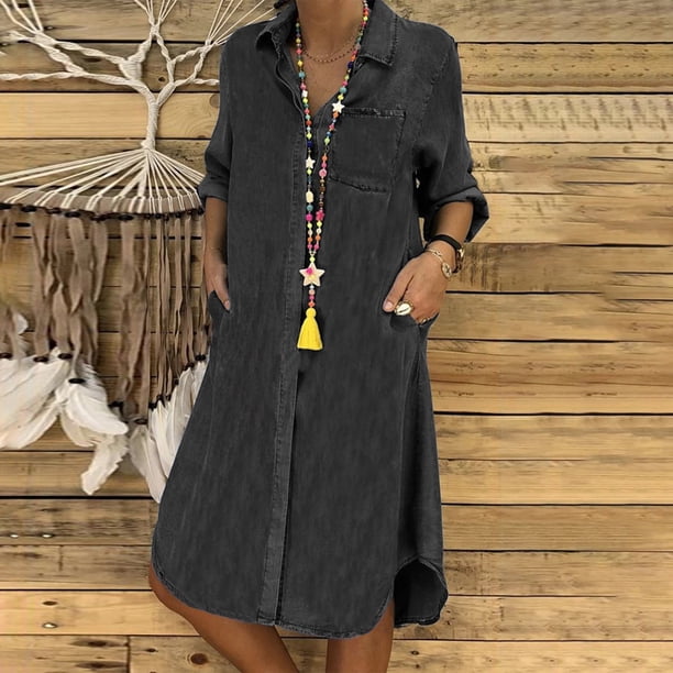 Vestido camisero con solapa para mujer vestido elegante de mezclilla desgastado vestido camisero de verano