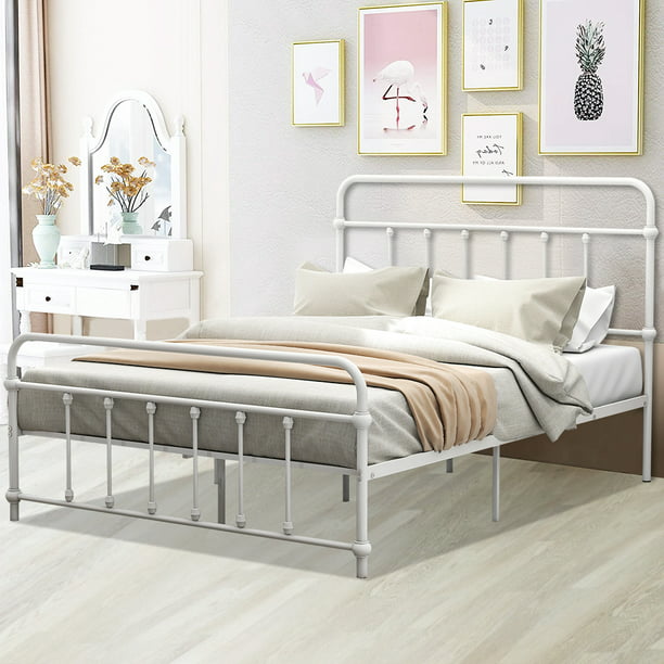 Full Size White Bed Frame Modern Metal, Best Bed Frame No Box Spring Needed
