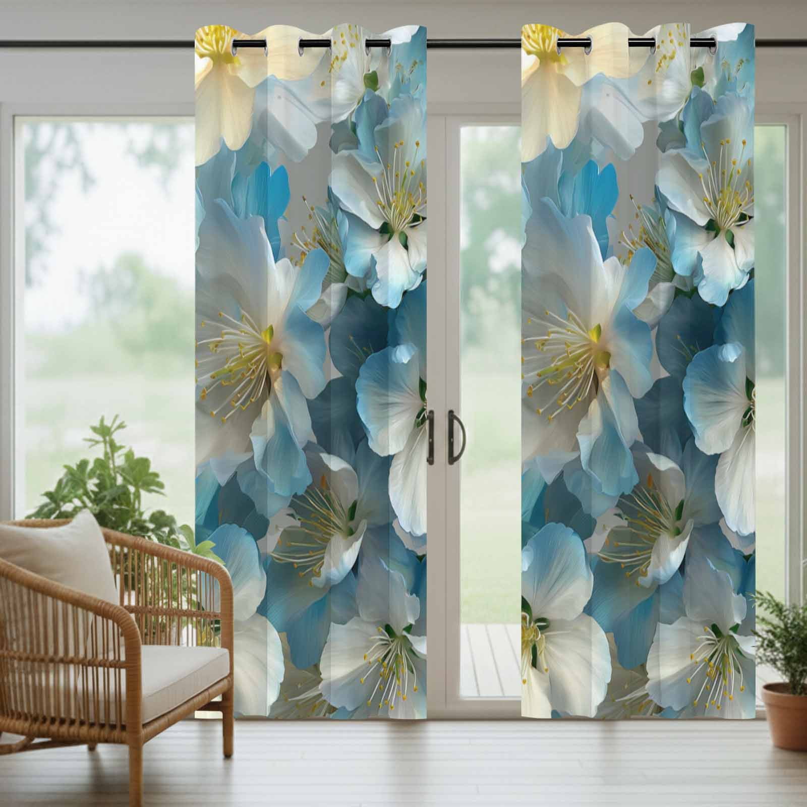 White Floral Outdoor Curtains for Patio, Modern Minimalist White Blue Cherry Blossom Sunshade Privacy Drapes Grommet Waterproof Outside Curtains for Porch/Cabana/Balcony 54"x 108", 1 Panel