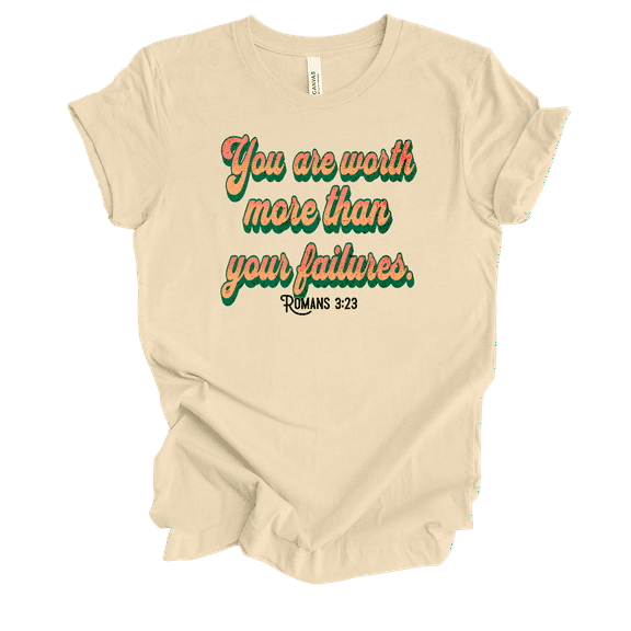 Trenz Shirt Company Fear Not You Are Worth More Than Your Failures Romans 3:23 Womens Christian Short Sleeve T-shirt-Soft Cream-small