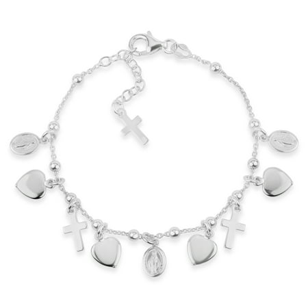 Sterling Silver Rhodium Plated Heart Cross and Medal Charm Bracelet, 8