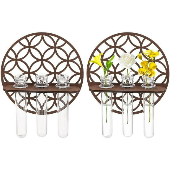 2 Sets Round Plant Propagation Stations Round Wall Hanging Terrarium Planter with 6 Glass Tube Wall Plant Holder for Propagate Hydroponics Air Plants Wall Plants Dried Flower Home Decor