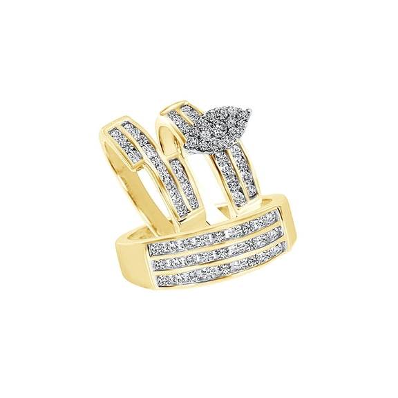 AFFY White Natural Diamond Wedding & Engagement Trio Band Ring Set In 10k Yellow Gold (1.75 Cttw)