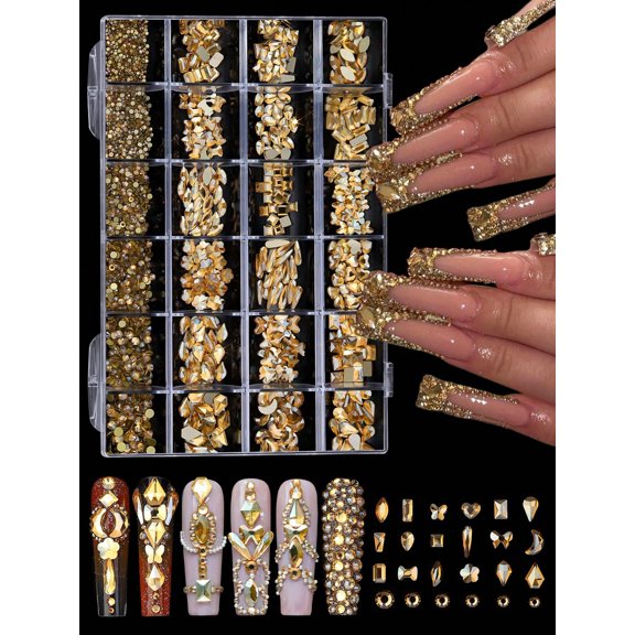 Nail Art 24 Grid Champagne Rhinestone Decor Set Flat Bottom Asymmetrical Shape DIY Charms Gems Supplies Perfect Valentine's Day Gift