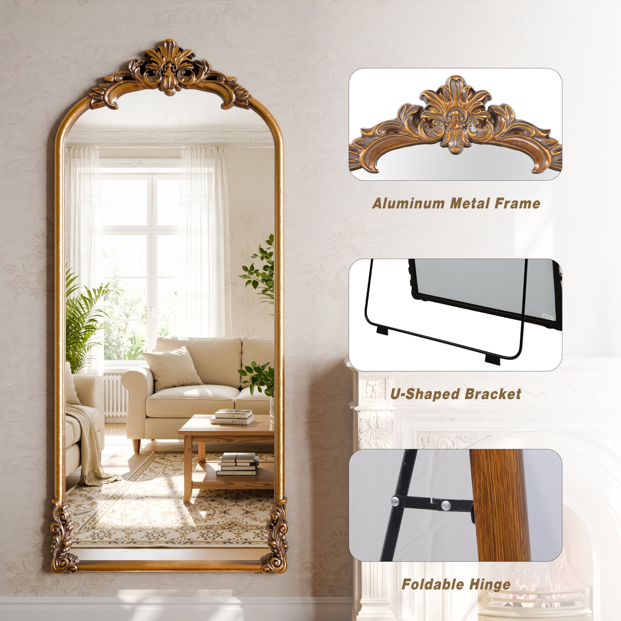 Easy4Home 69"x28" Arched Full-Length Floor Mirror Smooth Arch Top Floral Crest Standing Mirror, Antique Gold