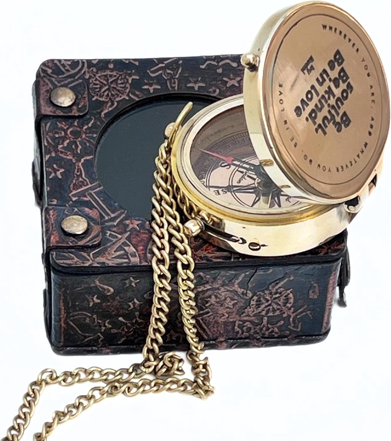 Vintage Directional Shiny Brass Magnetic Flat Compass with Leather Case Motivational Quote Engraved Pocket Compass for Hiking Rustic Vintage Home Decor Gifts