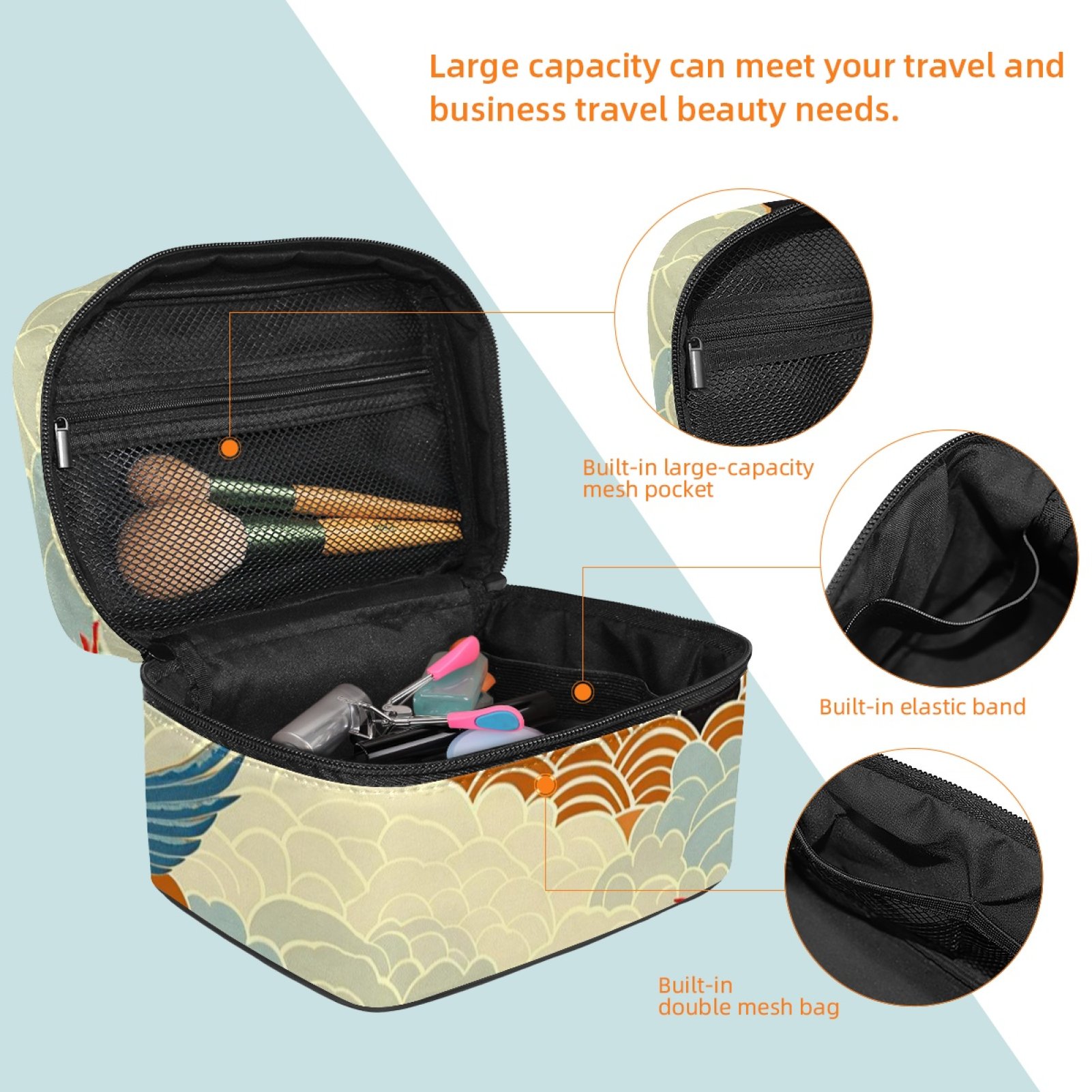 ERJLKXP Japanese Style Cloud Crane Makeup Bags Travel Cosmetic Bag Case, Large Capacity Organizer and Storage, Portable Pouch Toiletry bag for Women & Girls