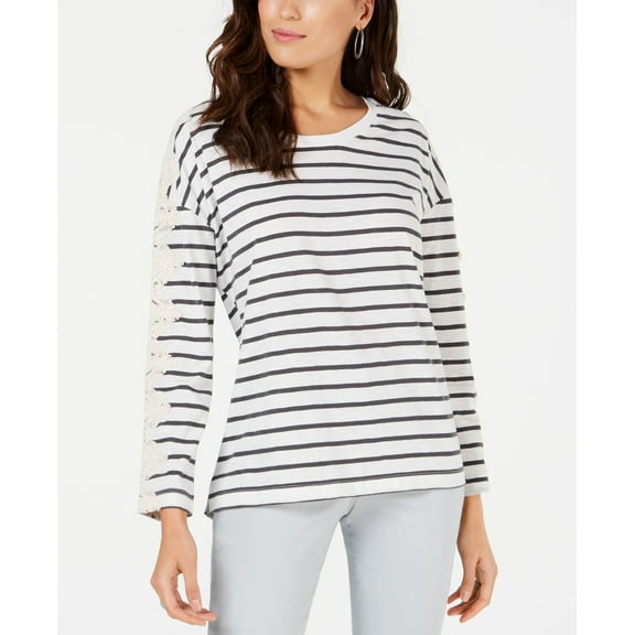Style & Co Striped Lace Trim Top Captain Stripe L