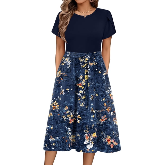 Vestido Zeagoo de manga corta para mujer, azul marino y floral, talla M