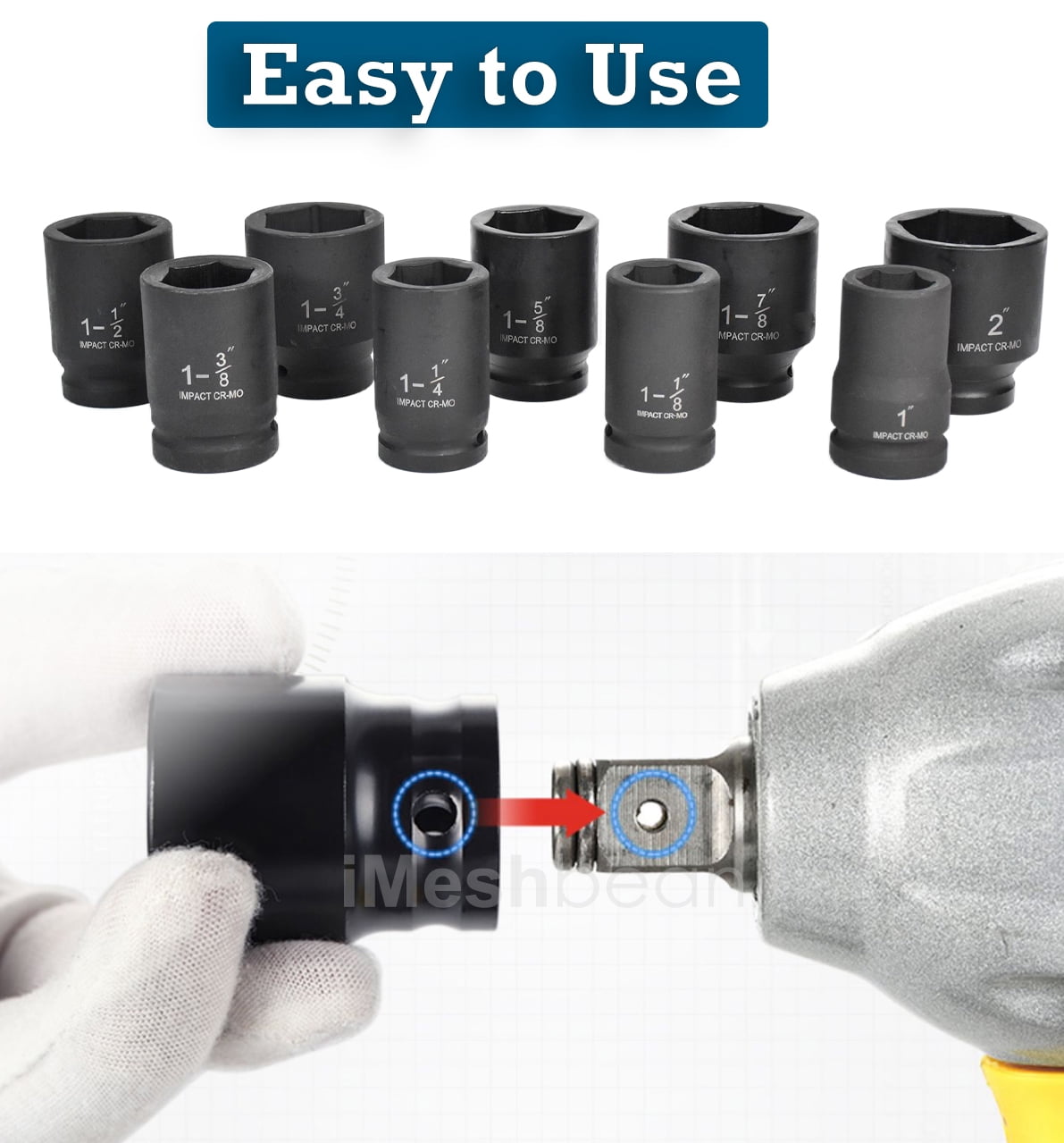 iMeshbean 9 pcs 1" Deep Impact Socket Set 6-Point SAE 1 Inch- 2 Inch CR-MO Steel Heavy Duty Sockets Tool Set with Carry Case